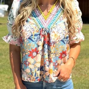 Blue and Pink Graphic Peplum Blouse with 3/4 Sleeves